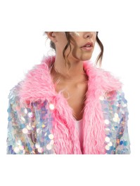 LANG MANTEL WENDBAR PAILLETTEN UND KUNSTFELL ROSA L-XL