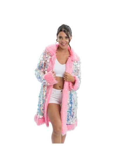 LANG MANTEL WENDBAR PAILLETTEN UND KUNSTFELL ROSA S-M