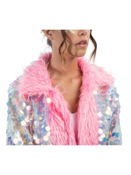 LANG MANTEL WENDBAR PAILLETTEN UND KUNSTFELL ROSA S-M