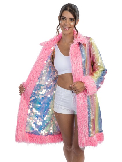 LANG MANTEL WENDBAR PAILLETTEN UND KUNSTFELL ROSA S-M