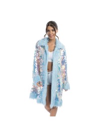 LANG MANTEL WENDBAR PAILLETTEN UND KUNSTFELL BLAU L-XL