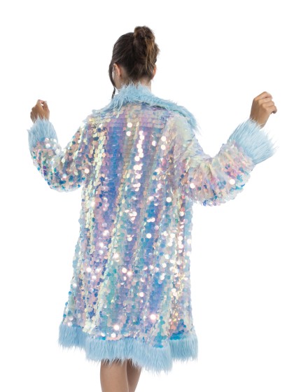 LANG MANTEL WENDBAR PAILLETTEN UND KUNSTFELL BLAU L-XL