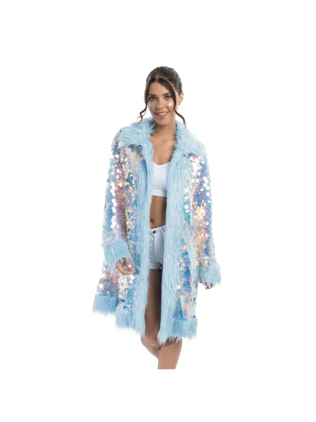 LANG MANTEL WENDBAR PAILLETTEN UND KUNSTFELL BLAU S-M