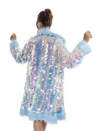 LANG MANTEL WENDBAR PAILLETTEN UND KUNSTFELL BLAU S-M