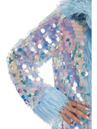 LANG MANTEL WENDBAR PAILLETTEN UND KUNSTFELL BLAU S-M