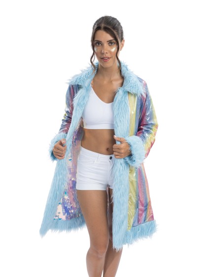LANG MANTEL WENDBAR PAILLETTEN UND KUNSTFELL BLAU S-M