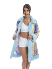 LANG MANTEL WENDBAR PAILLETTEN UND KUNSTFELL BLAU S-M