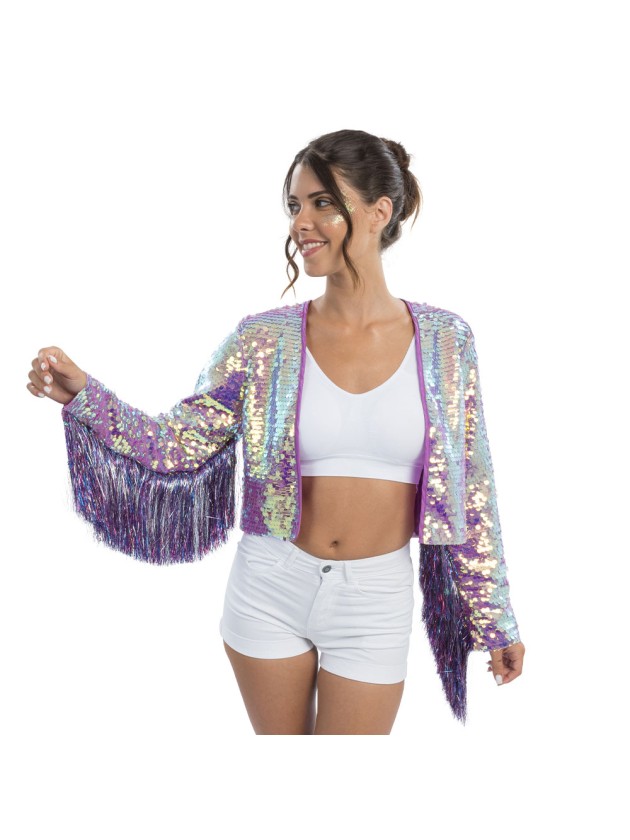PURPLE IRIDESCENT SEQUINS JACKET WITH TINSELS FRINGES M