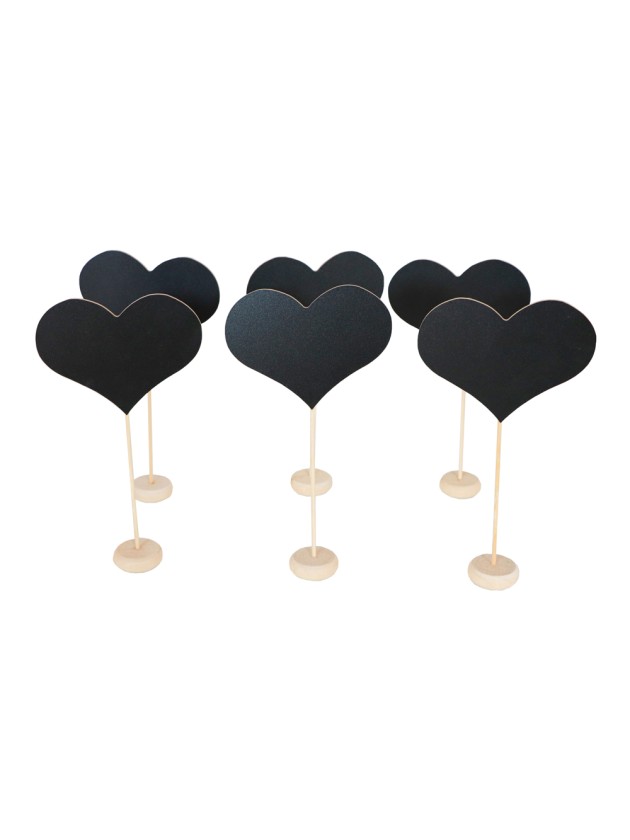 SET OF 6 SLATE/ WOODEN TABLE BLACKBOARD HEARTS 11.5CM X 21CM