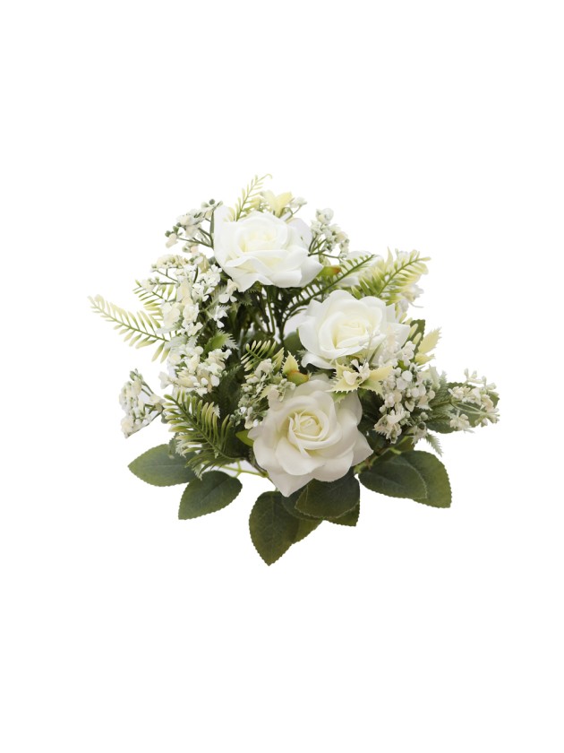 BOUQUET DE 5 ROSES AV FEUILLAGES BLANC 40.5CM
