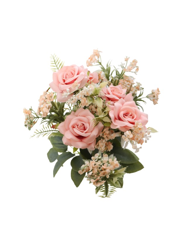 BOUQUET DE 5 ROSES AV FEUILLAGES VIEUX ROSE 40.5CM