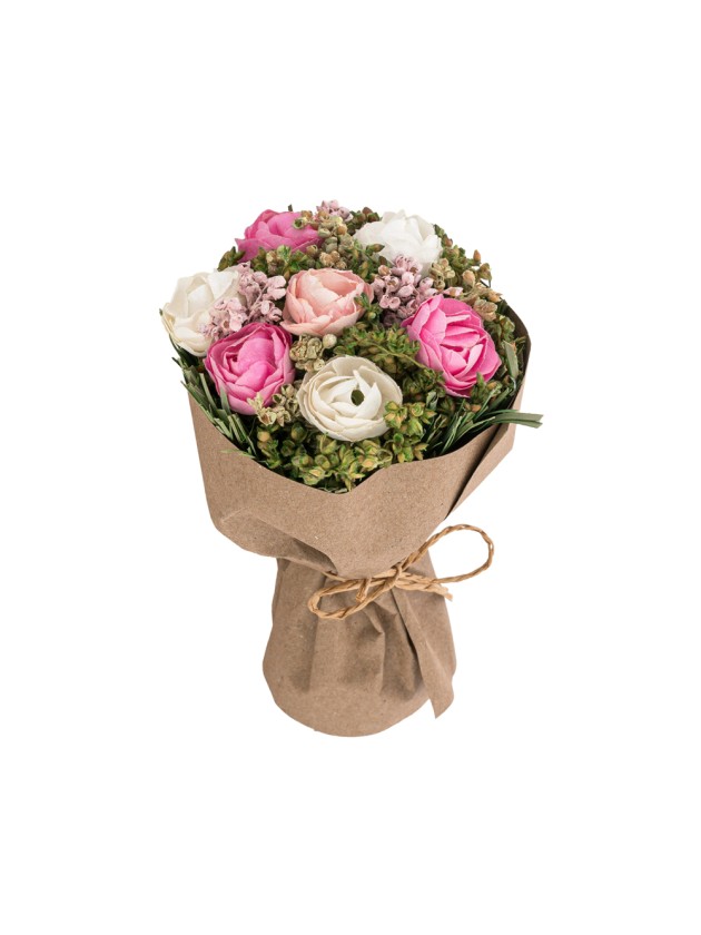 STANDING BOUQUET OF WHITE/PINK ROSES IN KRAFT WRAP DIA 9CM X 14CM