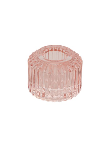 PASTEL PINK GLASS TAPER CANDLE HOLDER STRIPED DIA 5CM X 4CM