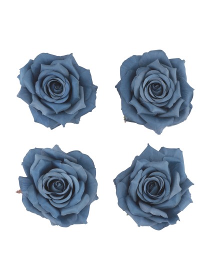 4 DENIM BLUE ROSE HEADS DIA 9.5CM X 5.5CM