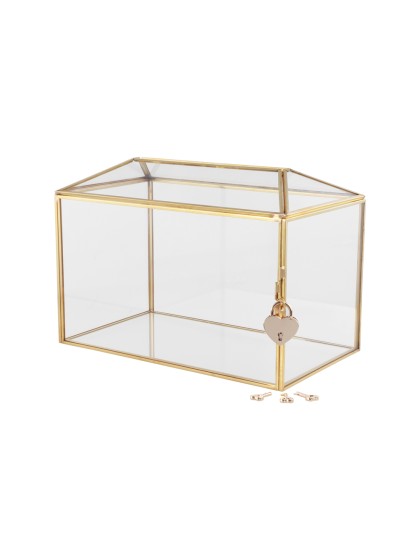 METAL GLASS BUNCHES BOX/ WEDDING GOLDEN URN WITH LOCK 26CM X 15CM X 18.5CM