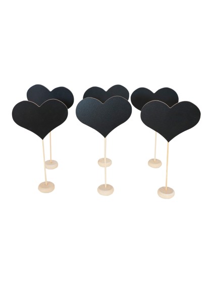 SET OF 6 SLATE/ WOODEN TABLE BLACKBOARD HEARTS 11.5CM X 21CM