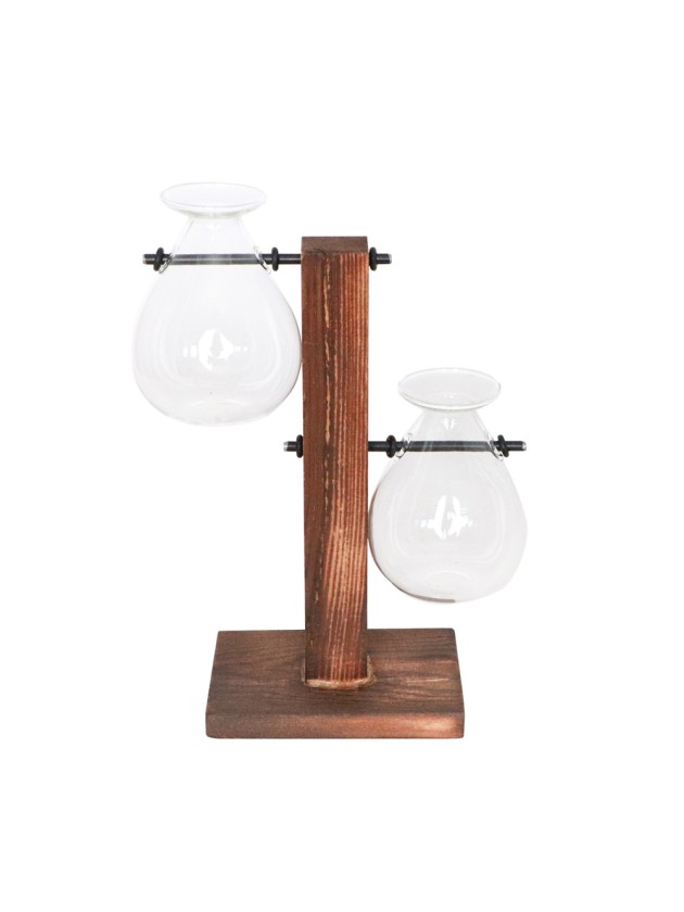 2 VASES AUF HOLZSTÄNDER 15CM X 7.5CM X 18CM