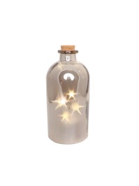 PEARLED GREY GLASS BOTTLE 5 LED STARS 11CM X 24CM
