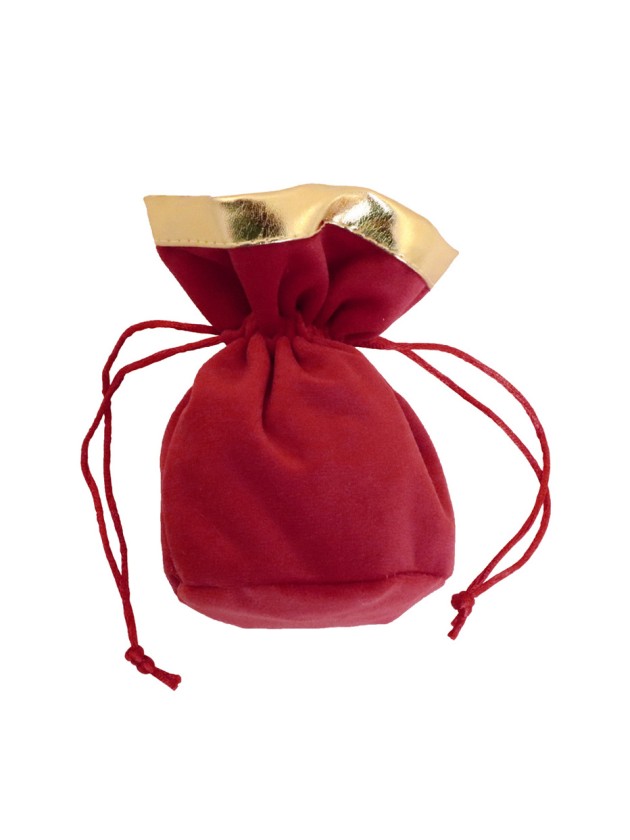 SACHET 3 BOURSES VELOURS BORDEAUX BORDURE OR 6CM X 6CM X 12CM