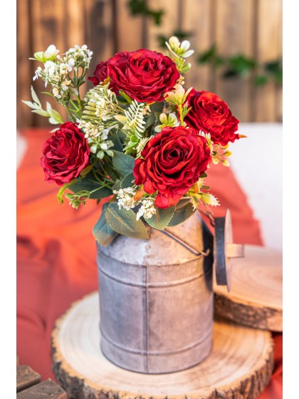 BUNCH OF 6 RED ROSES W/ LEAVES 43CM
