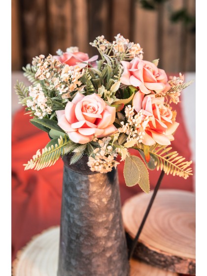 BUNCH OF 6 PINK ROSES W/ LEAVES 42.5CM