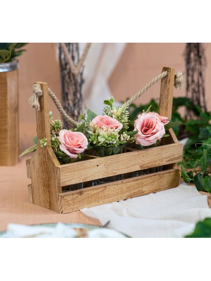 WOODEN HOLDER 3 BOTTLES W/ JUTE HANDLE 36CM X 10CM X 25CM