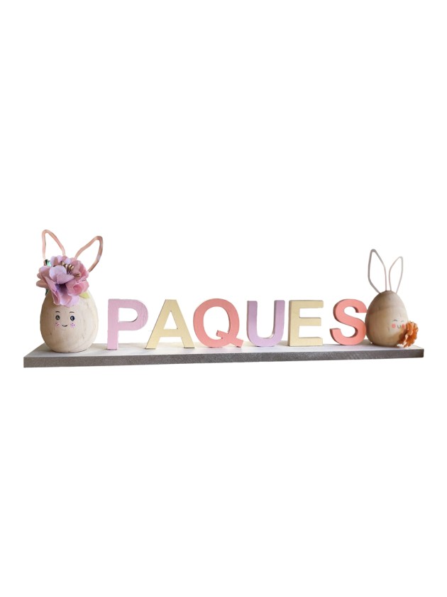 WOODEN TABLE CENTER PAQUES W/ RABBITS 37CM X 5CM X 14CM