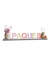 WOODEN TABLE CENTER PAQUES W/ RABBITS 37CM X 5CM X 14CM
