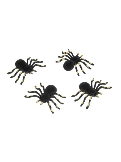 SET 4 FLOCKED GLITTERED SPIDERS GOLD 10X7.6X2.7CM HT 