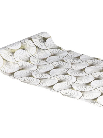 TISCHLÄUFER SAMT WEISS GINKGO CHAMPAGNER METALL 28CM X 3M