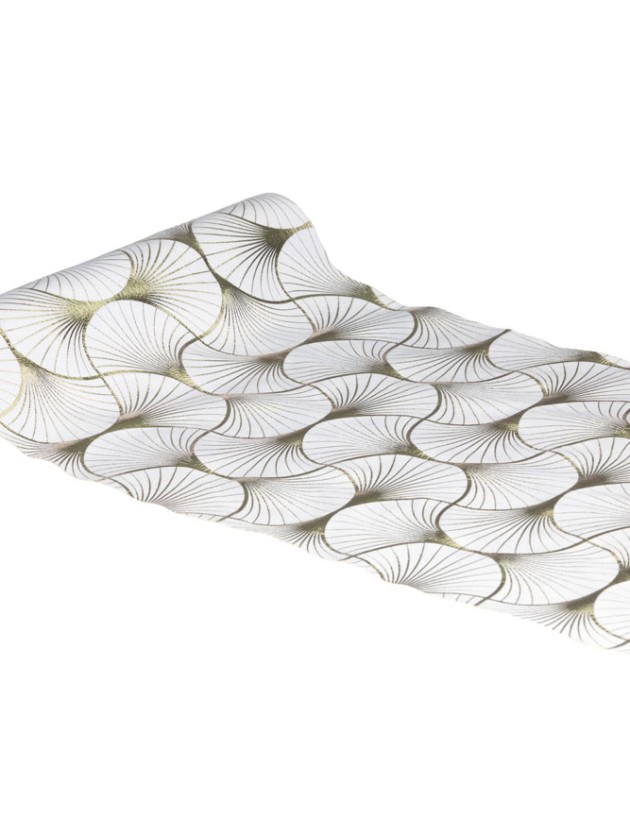 CHEMIN DE TABLE VELOURS BLANC GINKGO CHAMPAGNE METAL 28CM X 3M