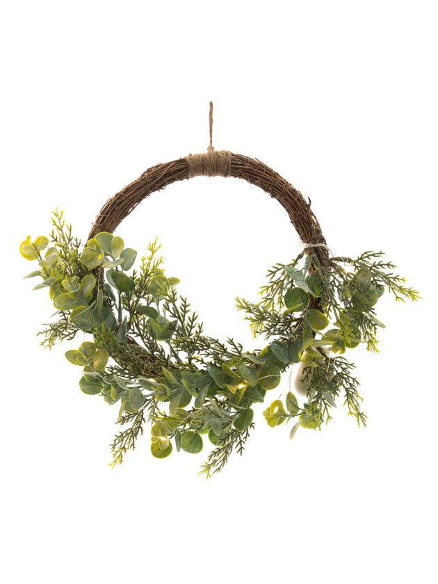 KRONE ADVENT RATTAN EUKALYPTUS FOUGERES 10 LEDs DIA 30CM X 9CM