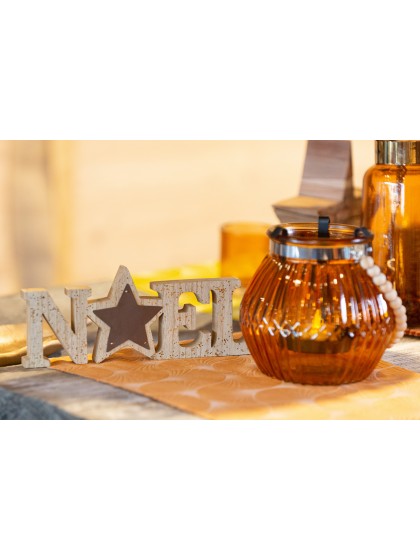 CENTRE DE TABLE NOEL BOIS METAL PAILLETTES OR 24CM X 9.5CM