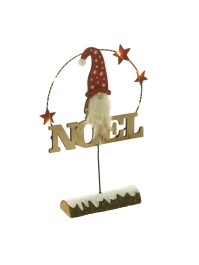 TISCHDEKORATION HOLZ WEIHNACHTEN GNOM 8 LEDs AUF HOLZSTAMM SCHNEE 24CM