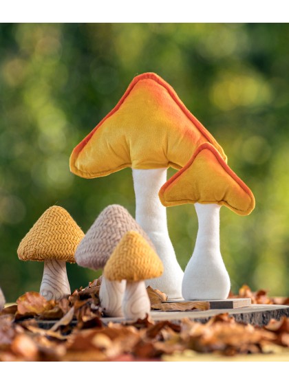 CHAMPIGNON VELOURS ORANGE/JAUNE SUR SOCLE BOIS 23CM X 5CM X 30CM