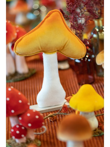 ORANGE/YELLOW VELVET MUSHROOM ON WOODEN BASE 23CM X 5CM X 30CM