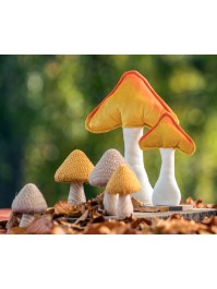ORANGE/YELLOW VELVET MUSHROOM ON WOODEN BASE 13.5CM X 5CM X 20CM