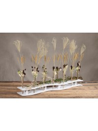 CENTRE DE TABLE BOIS BLANC AVEC TUBES 100CM X 20CM X 10CM