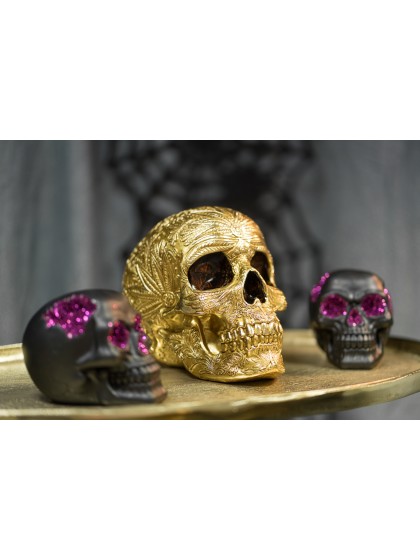 TETE DE MORT POLYRESINE BAROQUE OR 25CM X 15CM X 19.5CM