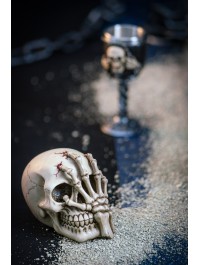 TETE DE MORT RESINE AVEC MAIN 16CM X 10CM X 12CM