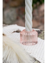 PASTEL PINK GLASS TAPER CANDLE HOLDER STRIPED DIA 5CM X 4CM