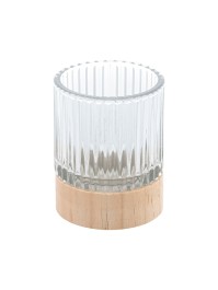 STRIPED GLASS AND WOODEN CANDLE HOLDER DIA 7CM X 8.6CM