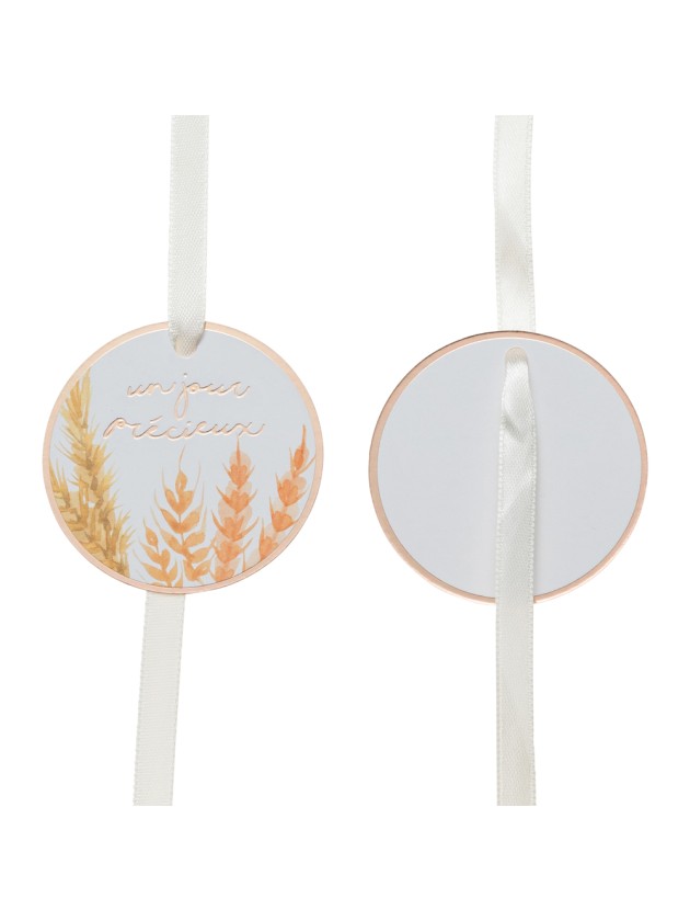 8 ETIQUETTES CARTON AVEC RUBAN UN JOUR PRECIEUX DIA 5CM