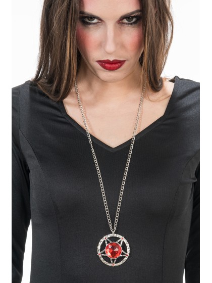 COLLIER ETOILE DE SATAN ROUGE PENDENTIF DIA 5CM / CHAINE 72CM