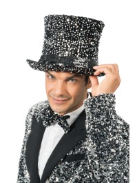 BLACK VELVET TOP HAT WITH SILVER SEQUINS 19CM