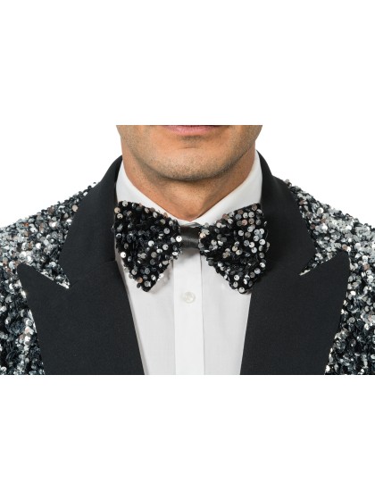 BLACK VELVET BOW TIE WITH SILVER SEQUINS 15CM X 8CM