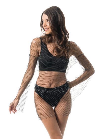 BLACK MESH AND RHINESTONES FESTIVAL TOP ONE SIZE