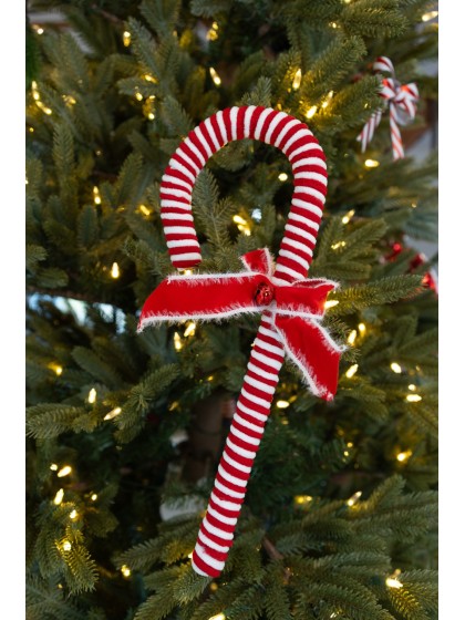 FUR CANDY CANE W/ BOW AND BELL CANDY STRIPES 15CM X 3CM X 42CM