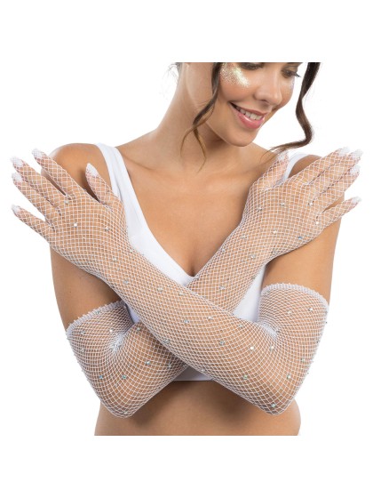 WHITE RHINESTONES FISHNET GLOVES ONE SIZE - 45CM