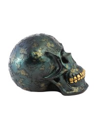 IRIDESCENT GREEN POLYRESIN SKULL WITH LEAVES DECOR 17CM X 25CM X 17.5CM